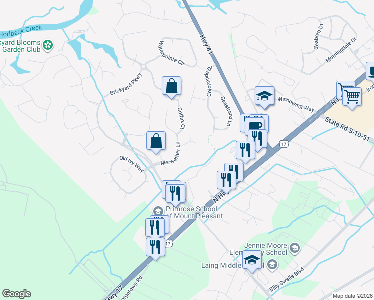 map of restaurants, bars, coffee shops, grocery stores, and more near 2750 Stamby Place in Mount Pleasant