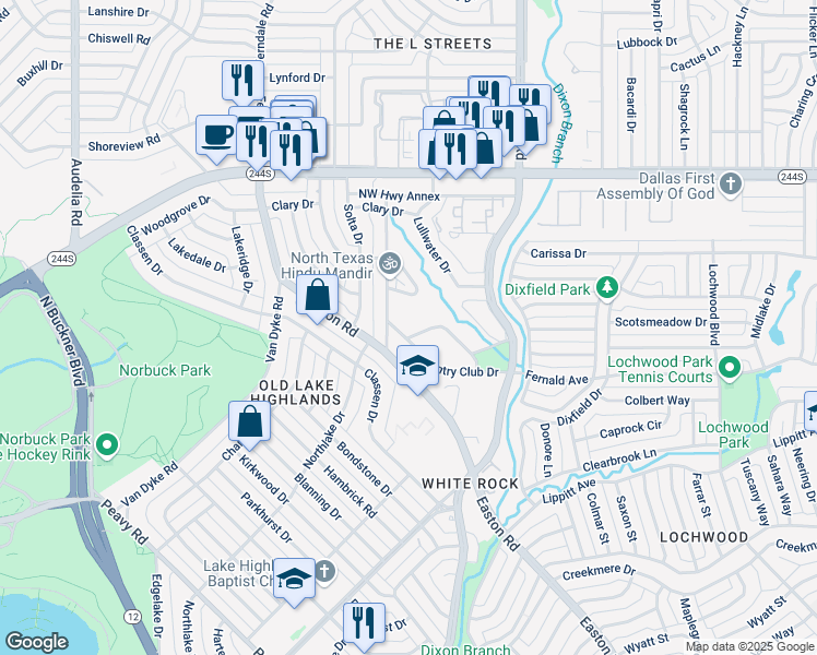 map of restaurants, bars, coffee shops, grocery stores, and more near 10325 Country Club Drive in Dallas
