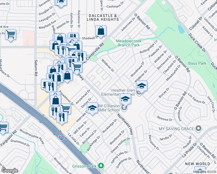 map of restaurants, bars, coffee shops, grocery stores, and more near 617 Brookview Drive in Garland