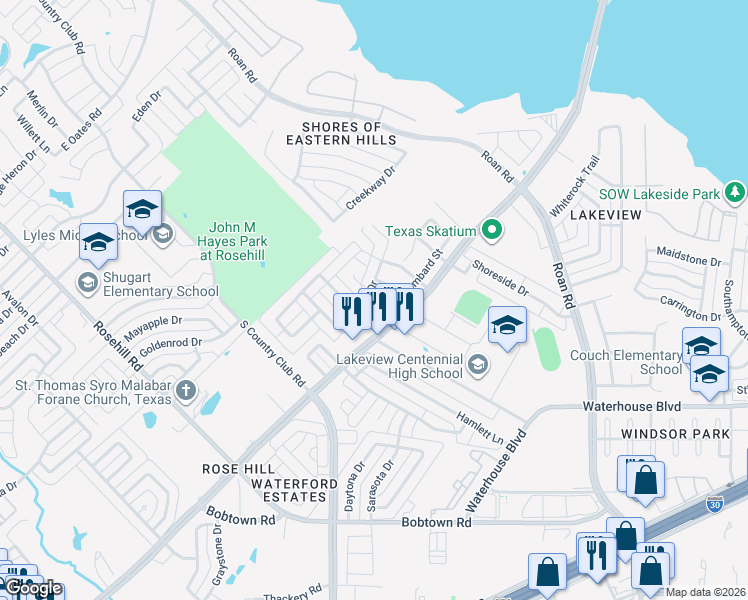map of restaurants, bars, coffee shops, grocery stores, and more near 1614 Knob Hill Drive in Garland