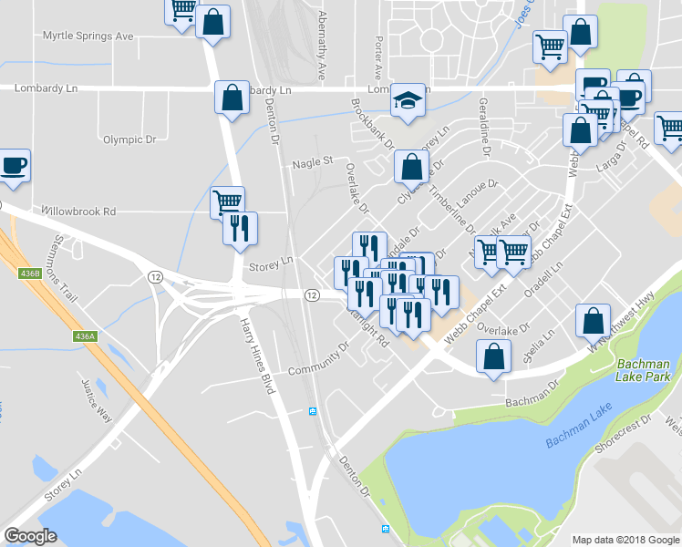 map of restaurants, bars, coffee shops, grocery stores, and more near 2814 Clydedale Drive in Dallas