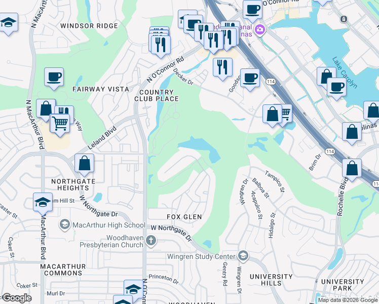 map of restaurants, bars, coffee shops, grocery stores, and more near 303 Steeplechase Drive in Irving