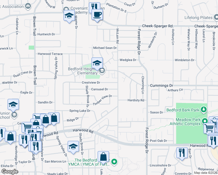 map of restaurants, bars, coffee shops, grocery stores, and more near 1201 Carousel Drive in Bedford