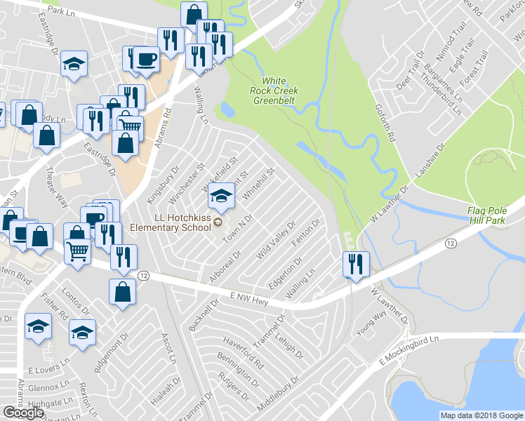 map of restaurants, bars, coffee shops, grocery stores, and more near 7018 Town North Drive in Dallas