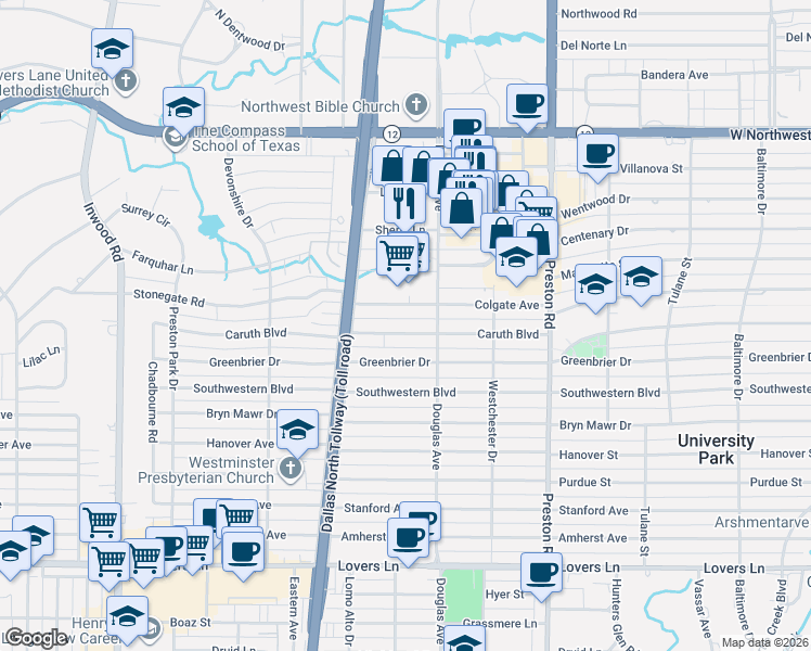 map of restaurants, bars, coffee shops, grocery stores, and more near 4324 Caruth Boulevard in Dallas