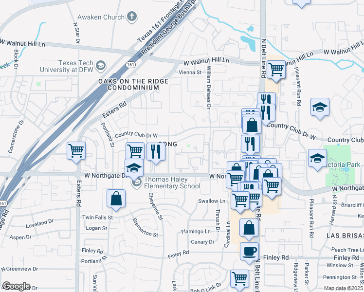 map of restaurants, bars, coffee shops, grocery stores, and more near 3723 William Dehaes Drive in Irving