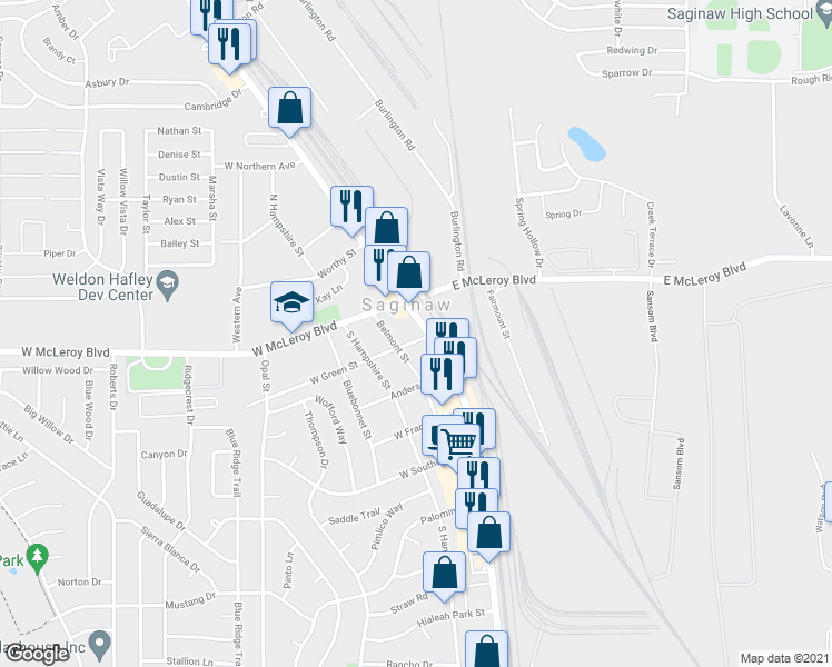 map of restaurants, bars, coffee shops, grocery stores, and more near 132 South Saginaw Boulevard in Saginaw