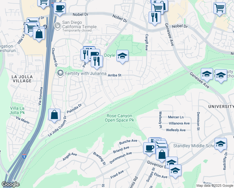 map of restaurants, bars, coffee shops, grocery stores, and more near 109 Camino Noguera in San Diego