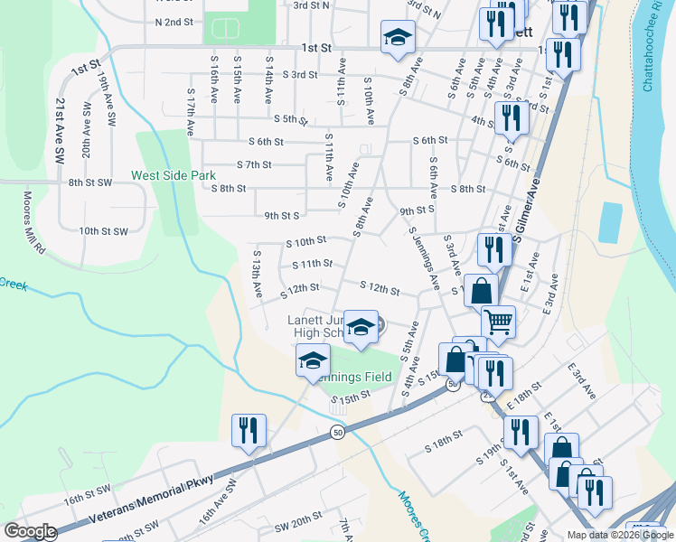 map of restaurants, bars, coffee shops, grocery stores, and more near 1102 South 8th Avenue in Lanett