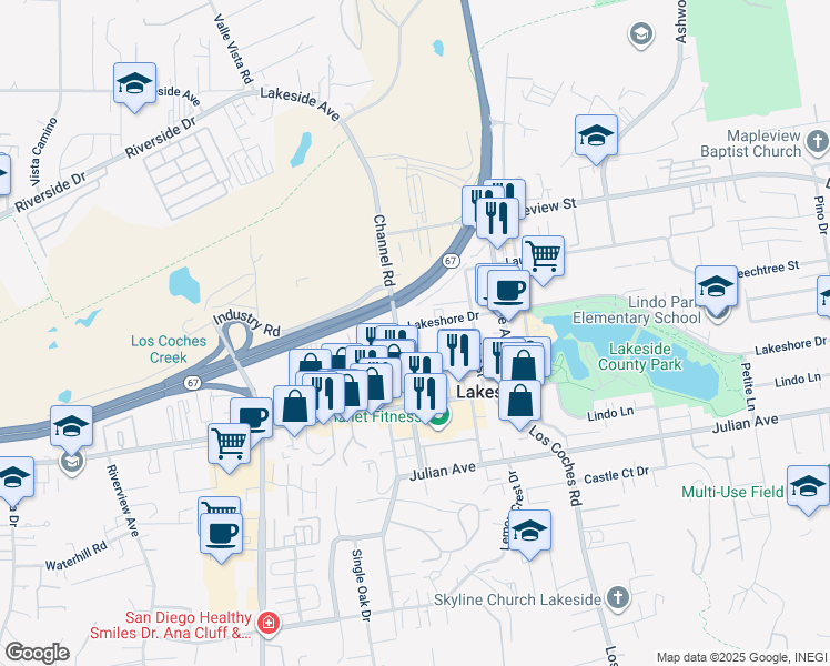 map of restaurants, bars, coffee shops, grocery stores, and more near 12325 Lakeshore Drive in Lakeside
