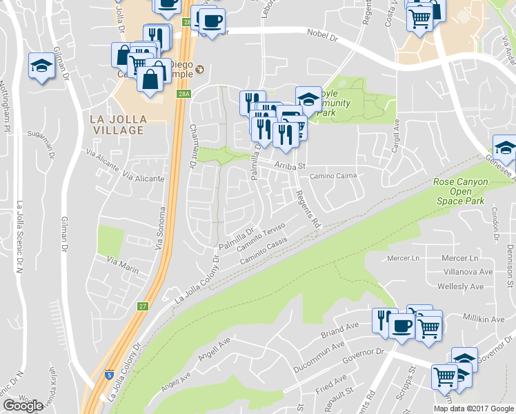 map of restaurants, bars, coffee shops, grocery stores, and more near 4143 Caminito Davila in San Diego