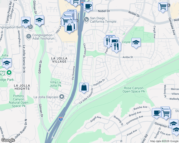 map of restaurants, bars, coffee shops, grocery stores, and more near 7245 Caminito Pantoja in San Diego