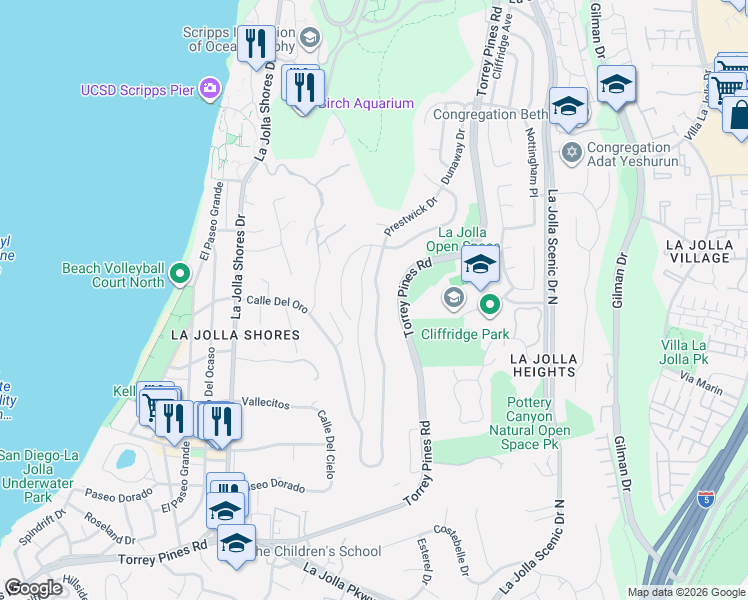 map of restaurants, bars, coffee shops, grocery stores, and more near 8390 Prestwick Drive in San Diego