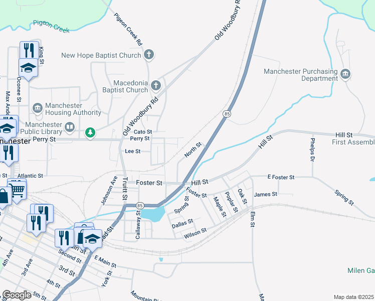 map of restaurants, bars, coffee shops, grocery stores, and more near 16 North Street in Manchester