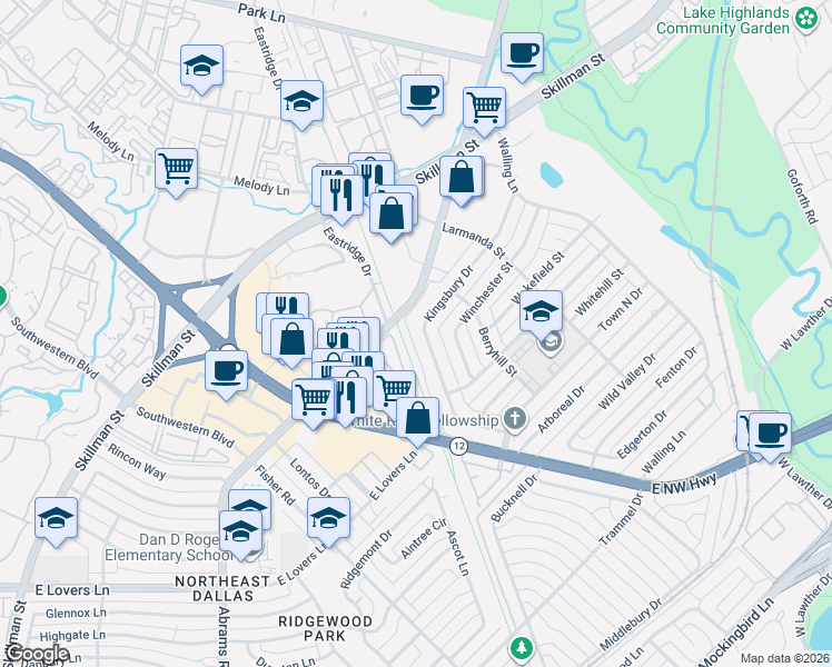 map of restaurants, bars, coffee shops, grocery stores, and more near 6731 Kingsbury Drive in Dallas