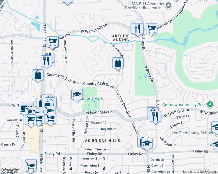 map of restaurants, bars, coffee shops, grocery stores, and more near 2501 Skyline Drive in Irving