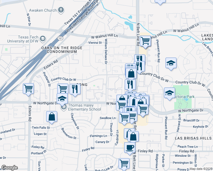 map of restaurants, bars, coffee shops, grocery stores, and more near 3741 William Dehaes Drive in Irving