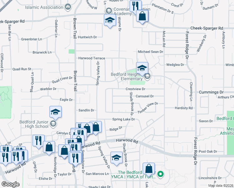 map of restaurants, bars, coffee shops, grocery stores, and more near 917 Carousel Drive in Bedford