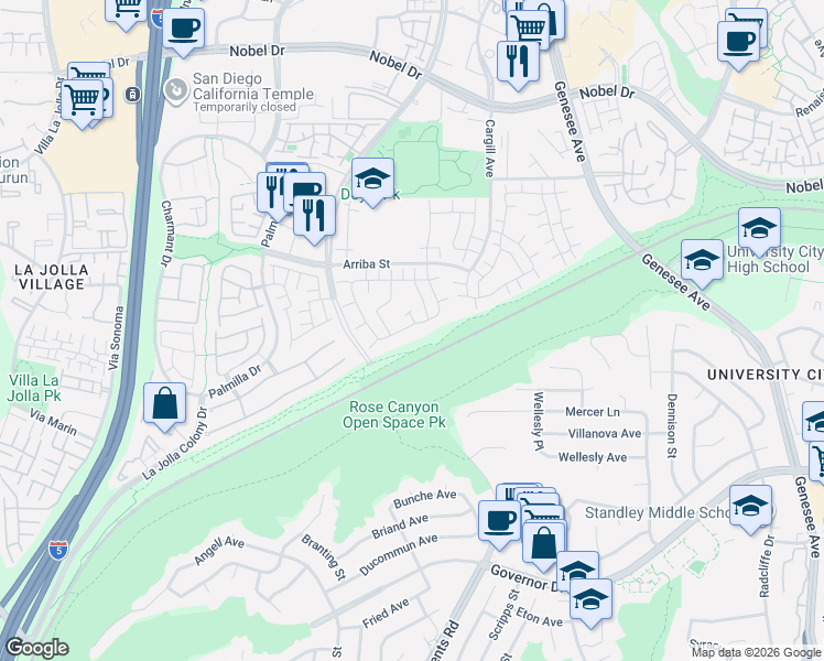map of restaurants, bars, coffee shops, grocery stores, and more near 3995 Camino Lindo in San Diego