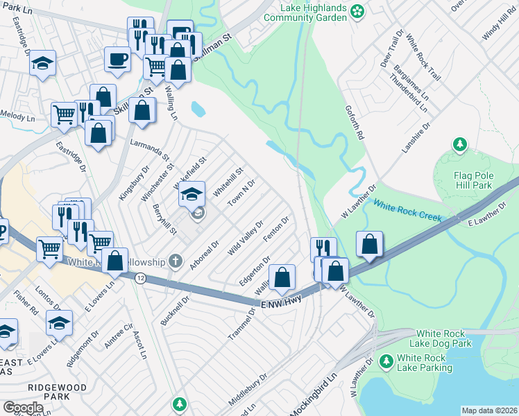 map of restaurants, bars, coffee shops, grocery stores, and more near 7042 Arboreal Drive in Dallas