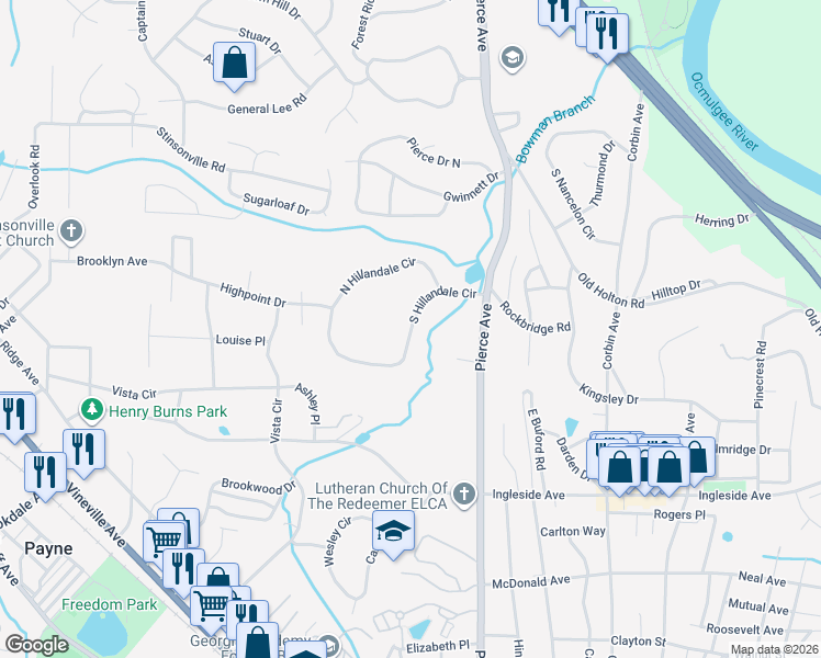 map of restaurants, bars, coffee shops, grocery stores, and more near 2783 South Hillandale Circle in Macon