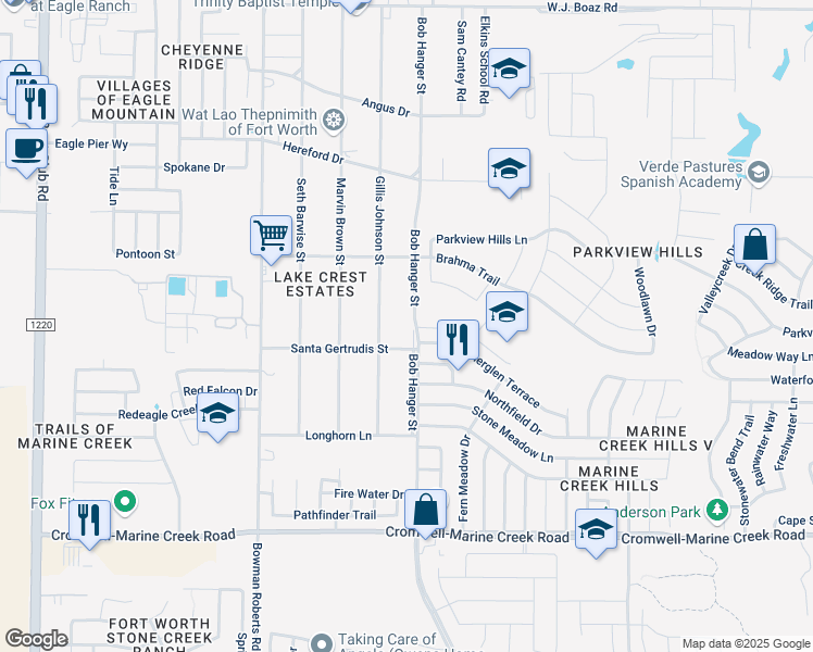 map of restaurants, bars, coffee shops, grocery stores, and more near 6713 Bob Hanger Street in Fort Worth