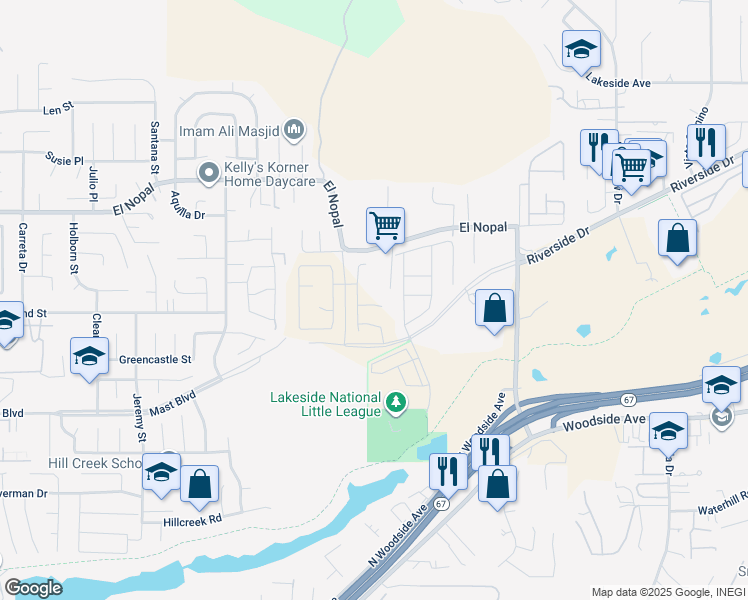 map of restaurants, bars, coffee shops, grocery stores, and more near 11034 Brookfield Court in Lakeside