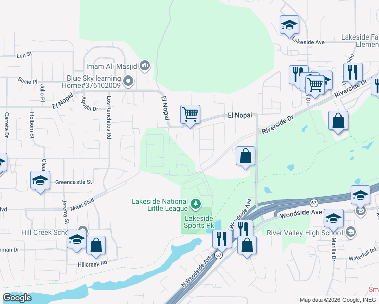 map of restaurants, bars, coffee shops, grocery stores, and more near 11058 Brookfield Court in Lakeside