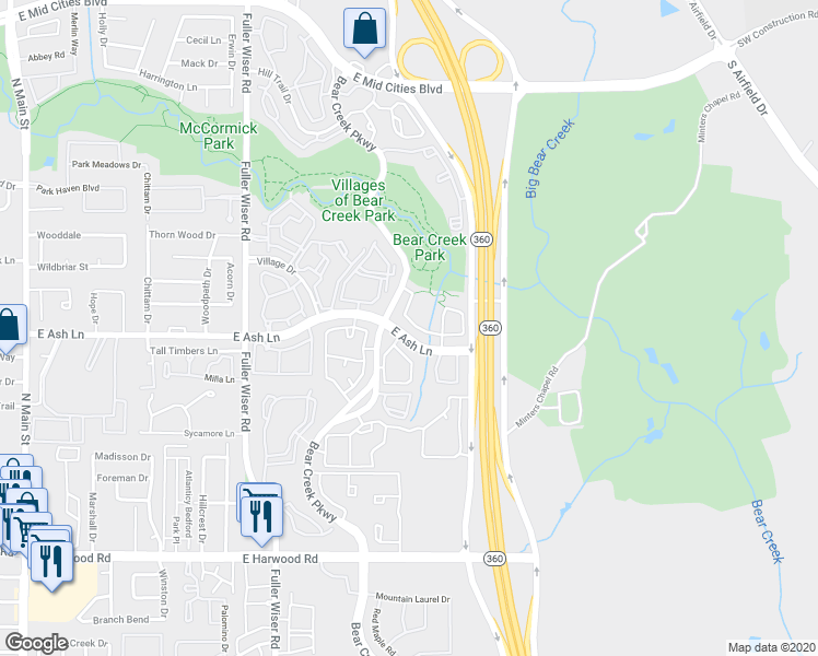 map of restaurants, bars, coffee shops, grocery stores, and more near 940 Brook Forest Lane in Euless