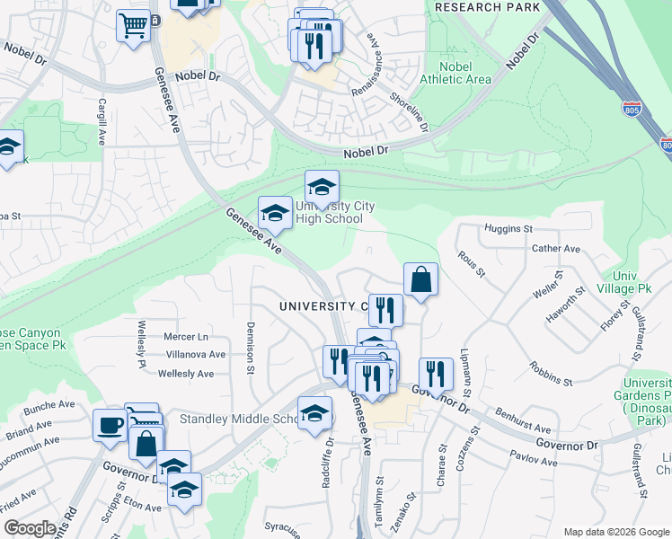 map of restaurants, bars, coffee shops, grocery stores, and more near 6785 Edmonton Avenue in San Diego