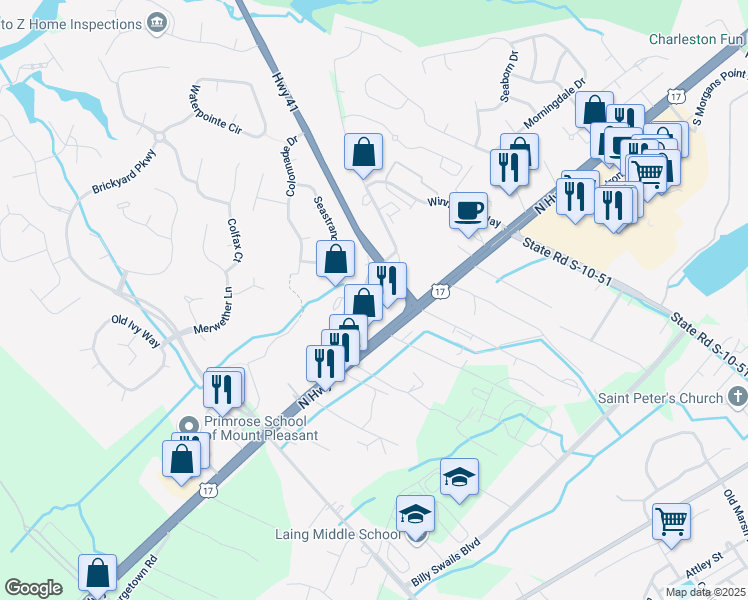 map of restaurants, bars, coffee shops, grocery stores, and more near 1031 South Carolina 41 in Mount Pleasant