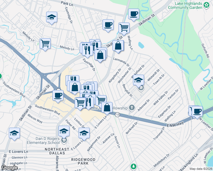 map of restaurants, bars, coffee shops, grocery stores, and more near 6731 Kingsbury Drive in Dallas