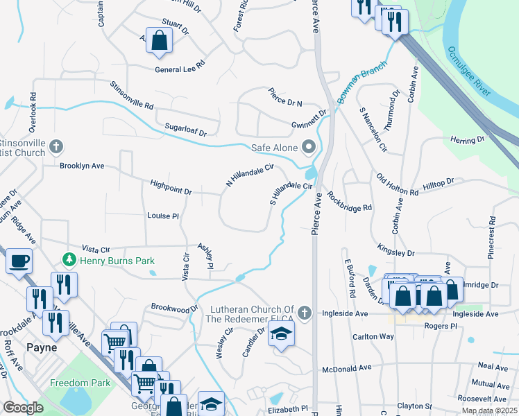 map of restaurants, bars, coffee shops, grocery stores, and more near 2783 South Hillandale Circle in Macon