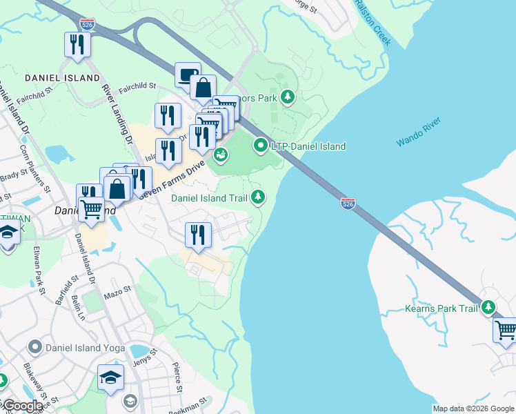 map of restaurants, bars, coffee shops, grocery stores, and more near Daniel Island Trail in Charleston