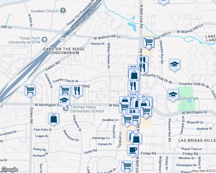 map of restaurants, bars, coffee shops, grocery stores, and more near 3741 William Dehaes Drive in Irving