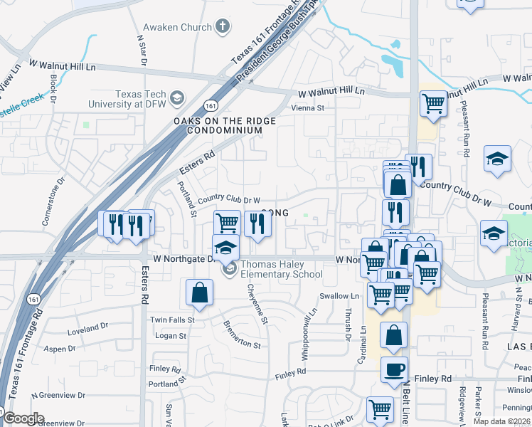 map of restaurants, bars, coffee shops, grocery stores, and more near 3733 Northridge Drive in Irving