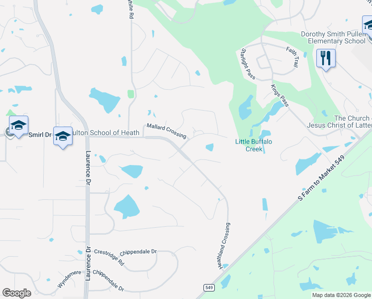 map of restaurants, bars, coffee shops, grocery stores, and more near 712 Wilford Way in Heath