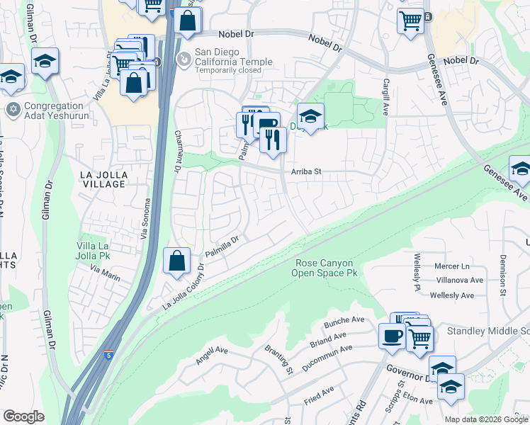 map of restaurants, bars, coffee shops, grocery stores, and more near 4165 Porte De Merano in San Diego