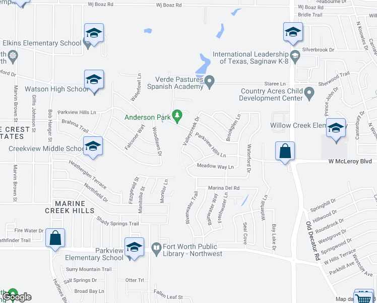 map of restaurants, bars, coffee shops, grocery stores, and more near 6409 Meadow Way Lane in Fort Worth