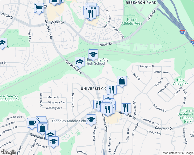 map of restaurants, bars, coffee shops, grocery stores, and more near 6785 Edmonton Avenue in San Diego