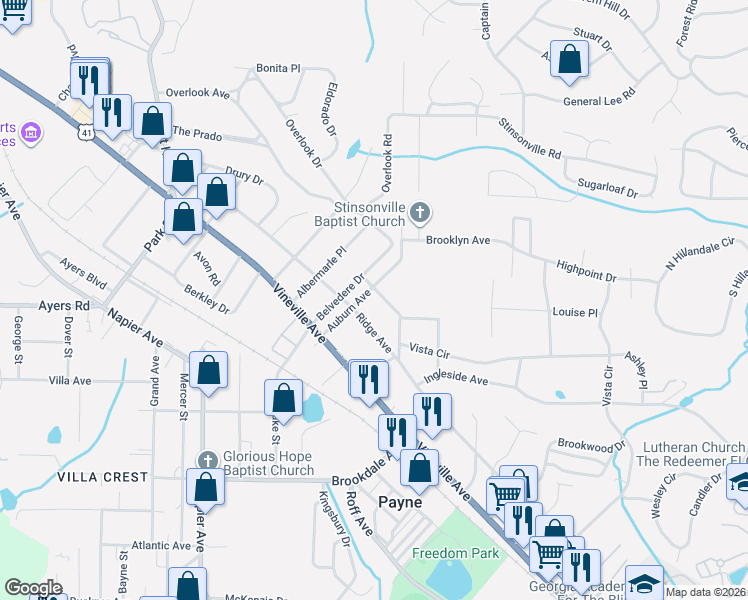 map of restaurants, bars, coffee shops, grocery stores, and more near 3450 Osborne Place in Macon