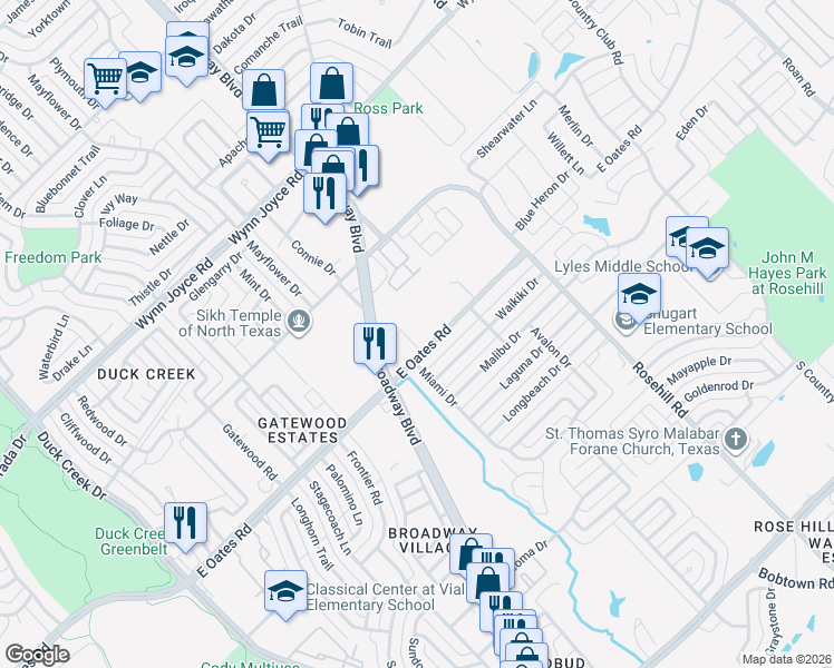 map of restaurants, bars, coffee shops, grocery stores, and more near 705 East Oates Road in Garland