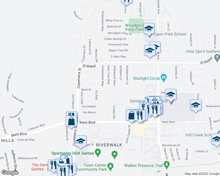 map of restaurants, bars, coffee shops, grocery stores, and more near 10003 Gem Tree Way in Santee