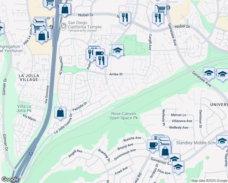 map of restaurants, bars, coffee shops, grocery stores, and more near 7741 Camino Noguera in San Diego