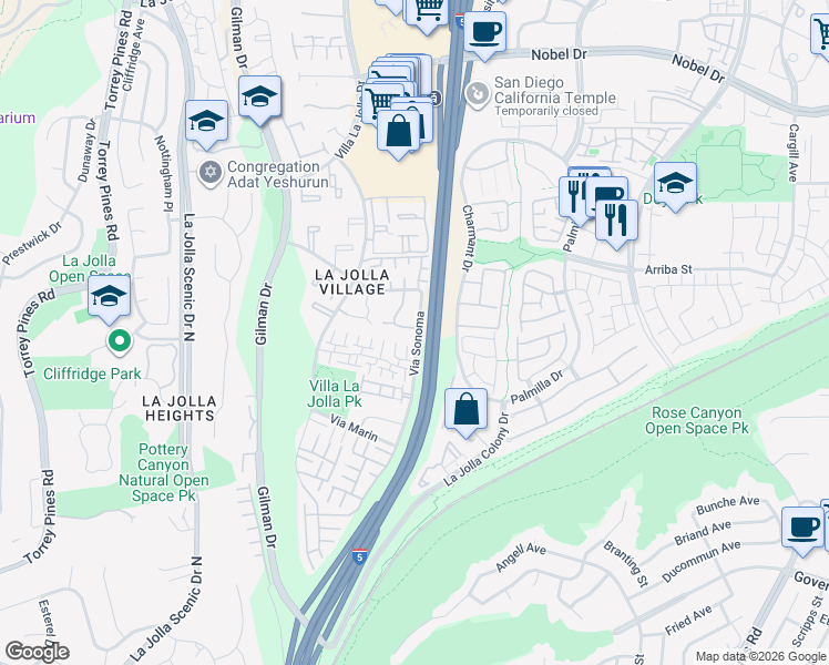 map of restaurants, bars, coffee shops, grocery stores, and more near 8430 Via Sonoma in San Diego