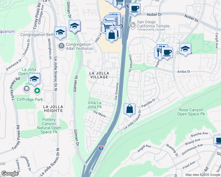 map of restaurants, bars, coffee shops, grocery stores, and more near 3294 Caminito Eastbluff in San Diego
