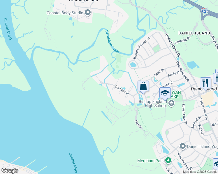 map of restaurants, bars, coffee shops, grocery stores, and more near 601 South Leavitt Court in Charleston