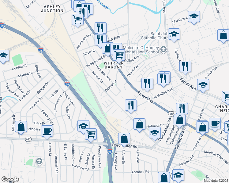map of restaurants, bars, coffee shops, grocery stores, and more near 3783 Walnut Street in North Charleston