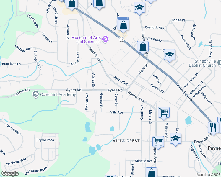 map of restaurants, bars, coffee shops, grocery stores, and more near 4210 Ayers Road in Macon