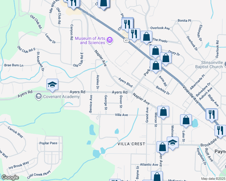 map of restaurants, bars, coffee shops, grocery stores, and more near 4210 Ayers Road in Macon